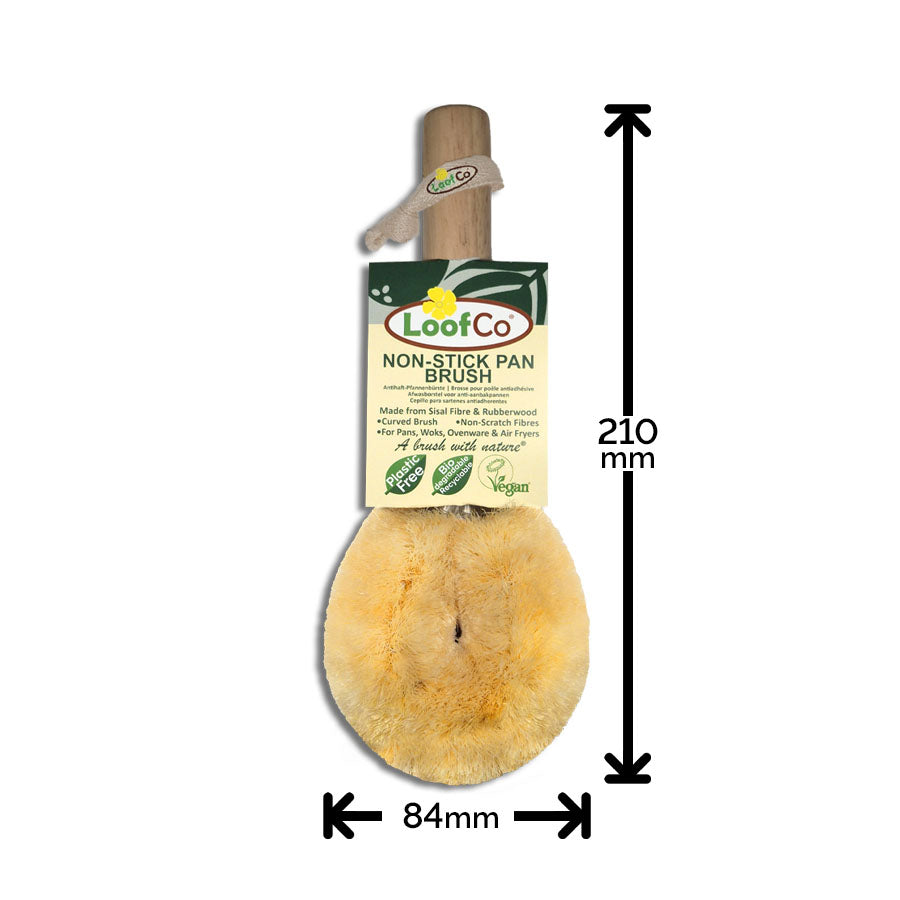 LoofCo non-stick pan brush with dimensions labeled on a white background
