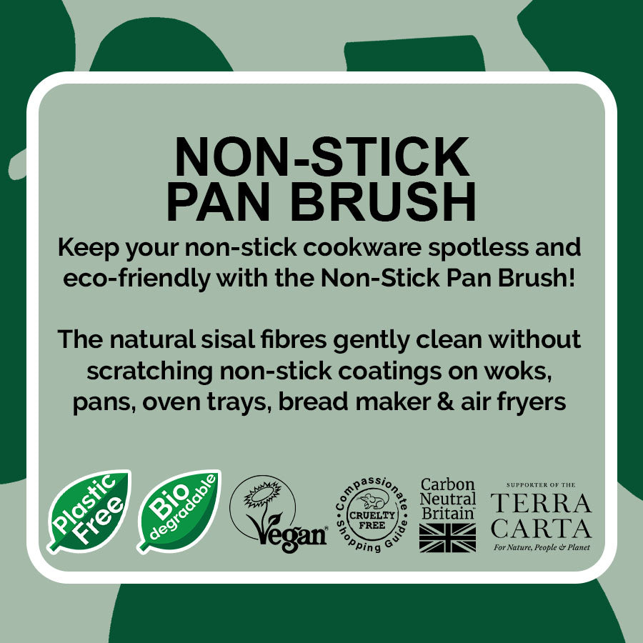 LoofCo Non-stick pan brush description and logos on a green background