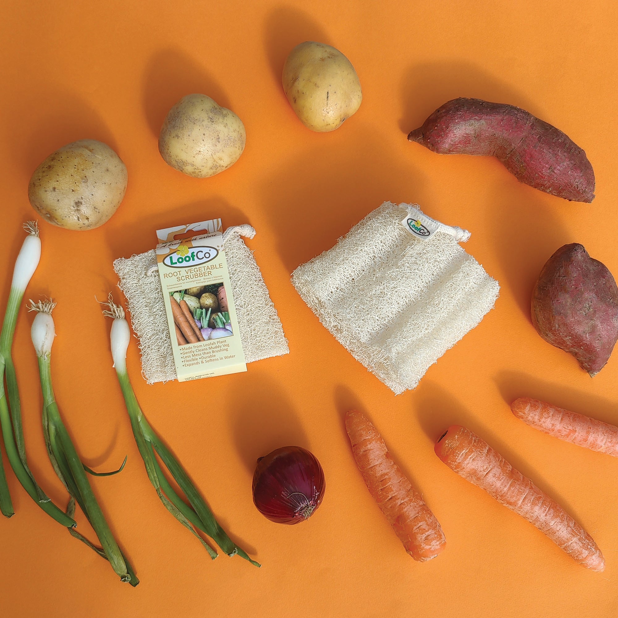 Assorted vegetables including potatoes, carrots, and onions on an orange background with LofCo loofah Root Vegetable Scrubbers.