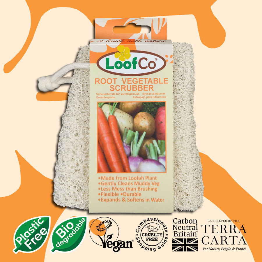 LoofCo Root Vegetable Scrubber in packaging on orange background with eco logos