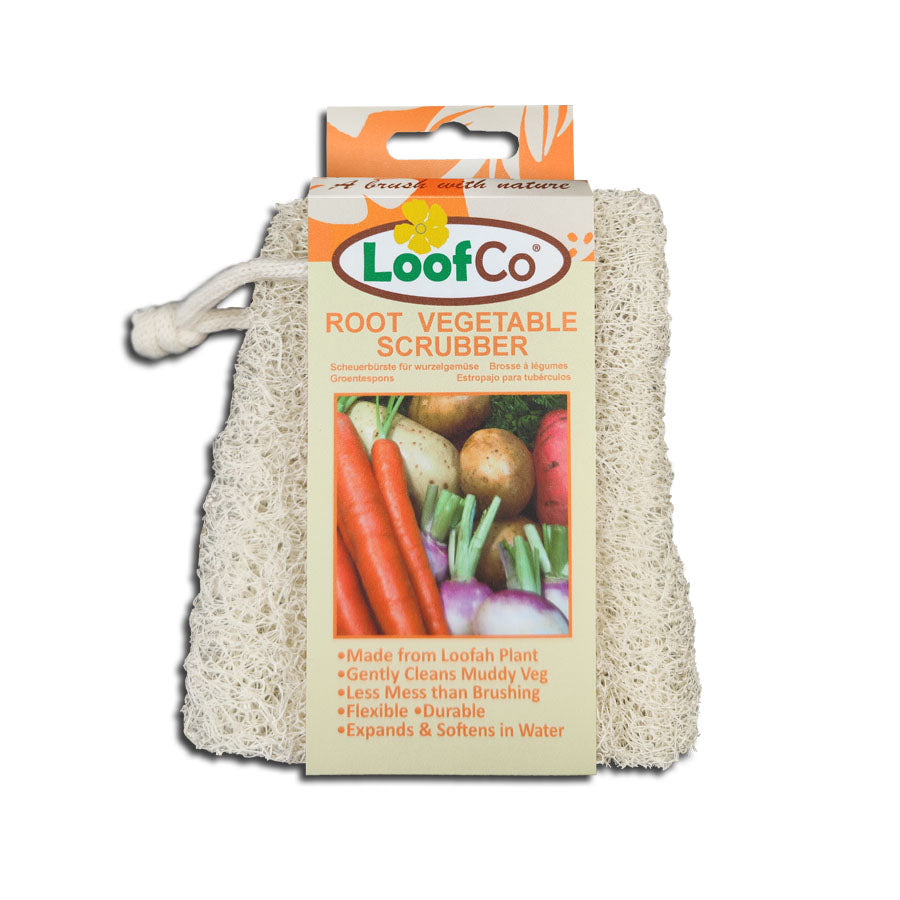 LoofCo Root Vegetable Scrubber in packaging -natural loofah  scrubber with cotton loop for cleaning muddy produce.
