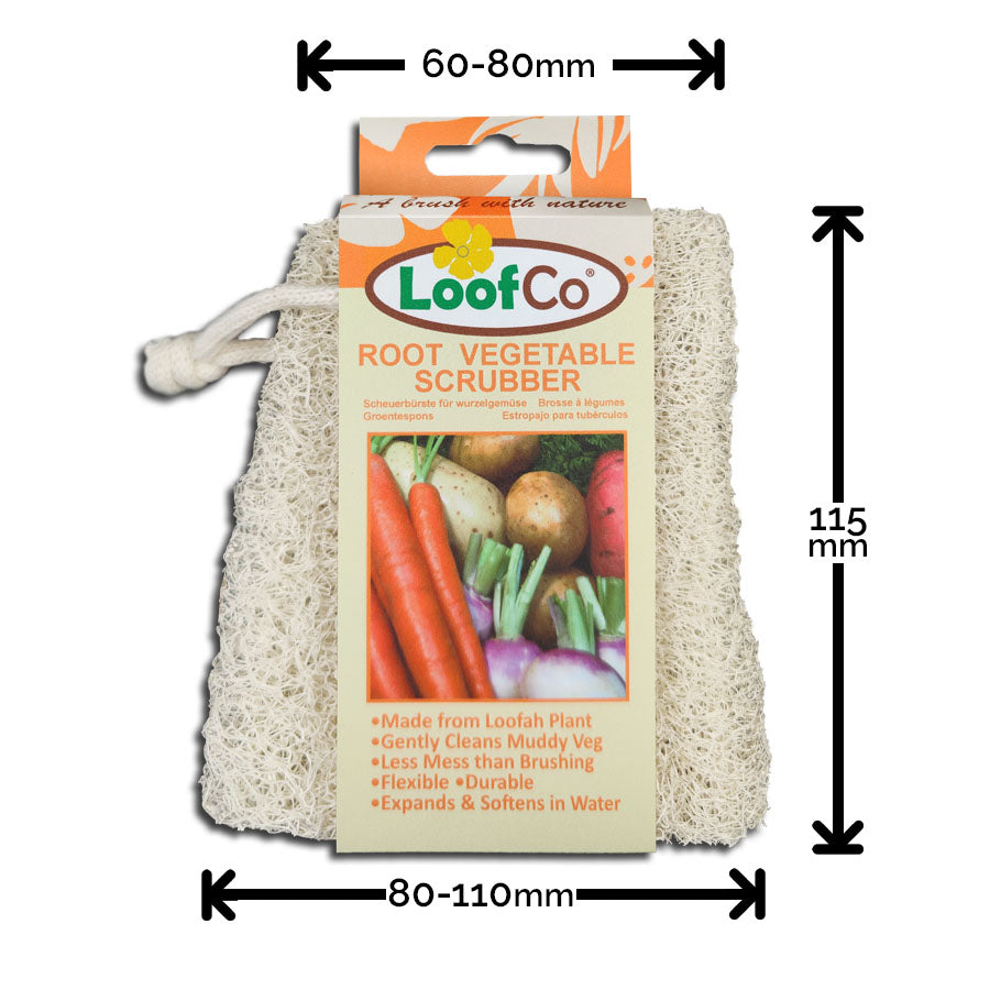 LoofCo Root Vegetable Scrubber in packaging on white background with measurements