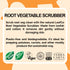  LoofCo Root Vegetable Scrubber visual of product description on orange background with eco logos
