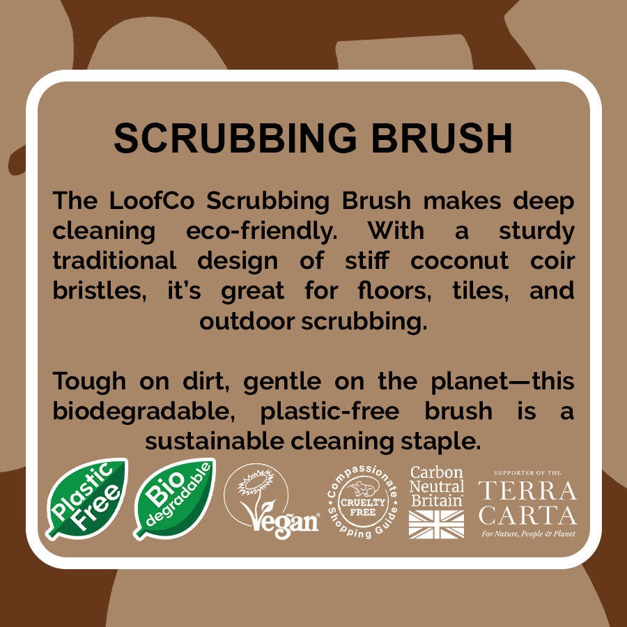 LoofCo ScrubbIng Brush visual of product description on brown background with eco logos