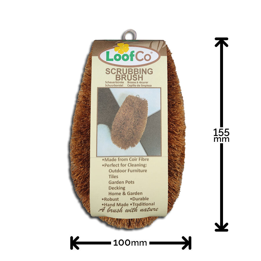 LoofCo Scrubbing Brush in packaging on white background with measurements