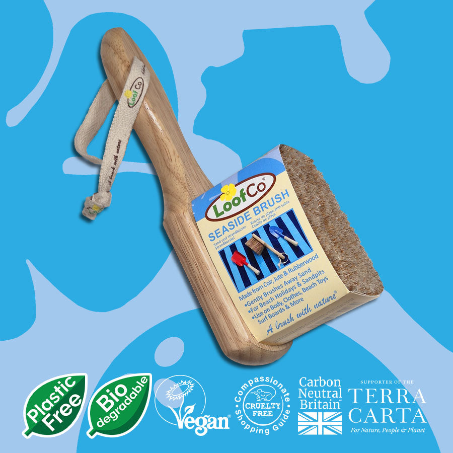 Wooden LoofCo seaside brush with packaging on a blue background, featuring branding and sustainability logos.