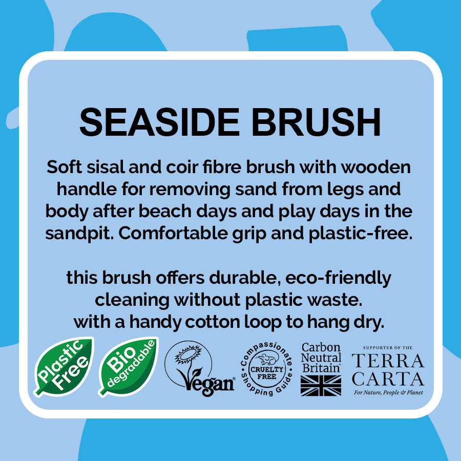 Product description of a LoofCo seaside brush with branding and certification logos on a blue background