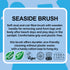 Product description of a LoofCo seaside brush with branding and certification logos on a blue background
