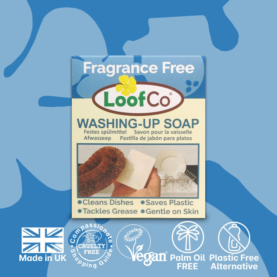 LoofCo Washing-Up Soap Fragrance Free in packaging on blue background with eco logos