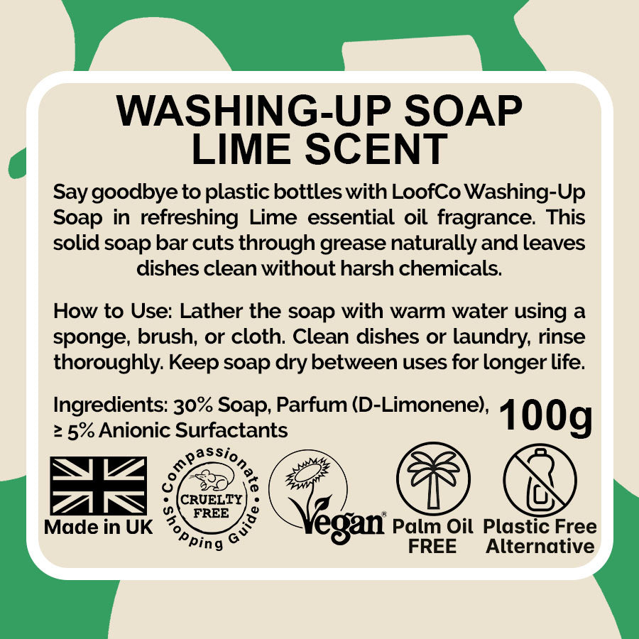 LoofCo Washing-Up Soap Lime visual of product description & ingredients on green background with eco logos