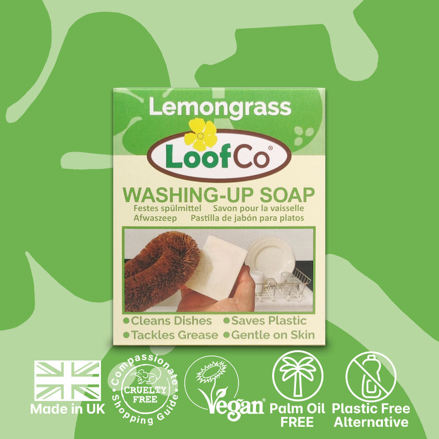 LoofCo Washing-Up Soap Lemongrass  in packaging on green background with eco logos