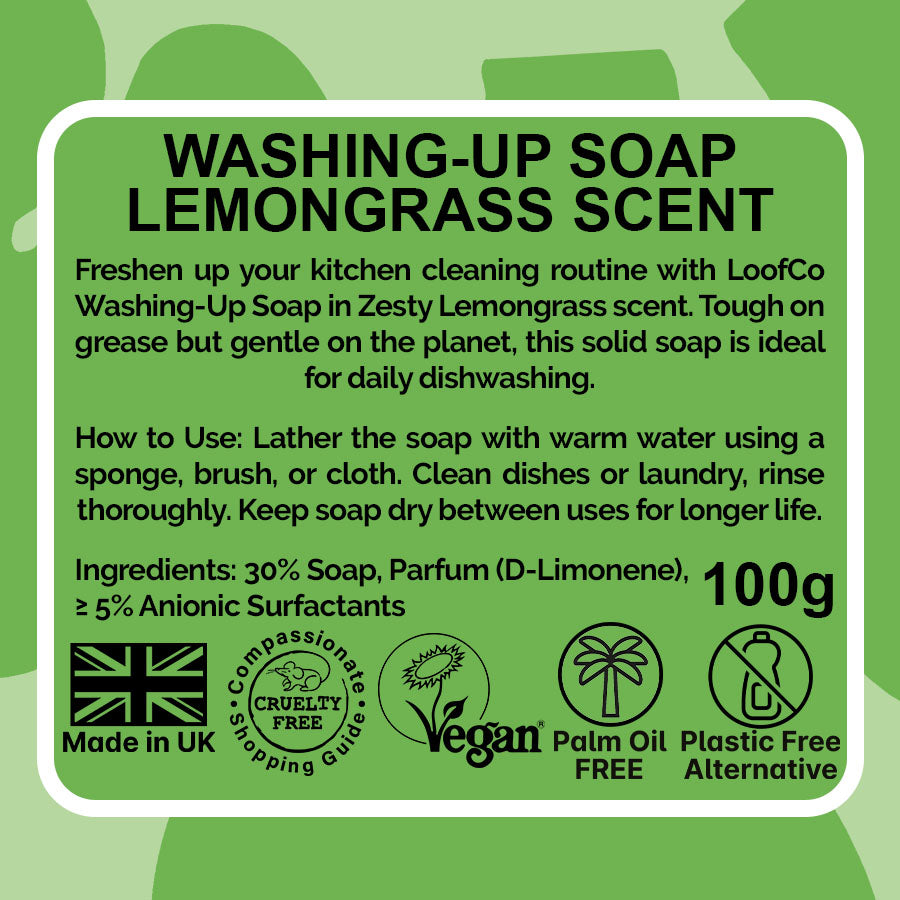  LoofCo Washing-Up Soap Lemongrass visual of product description & ingredients on green background with eco logos