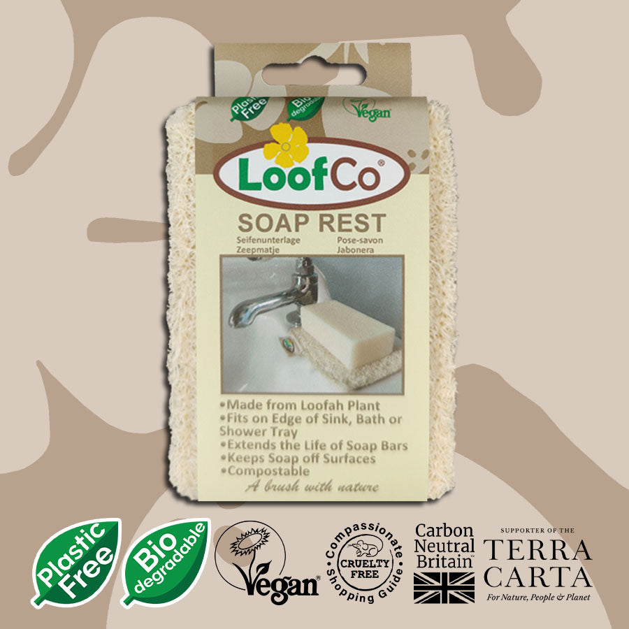 LoofCo Soap Rest in packaging on beige background with eco logos
