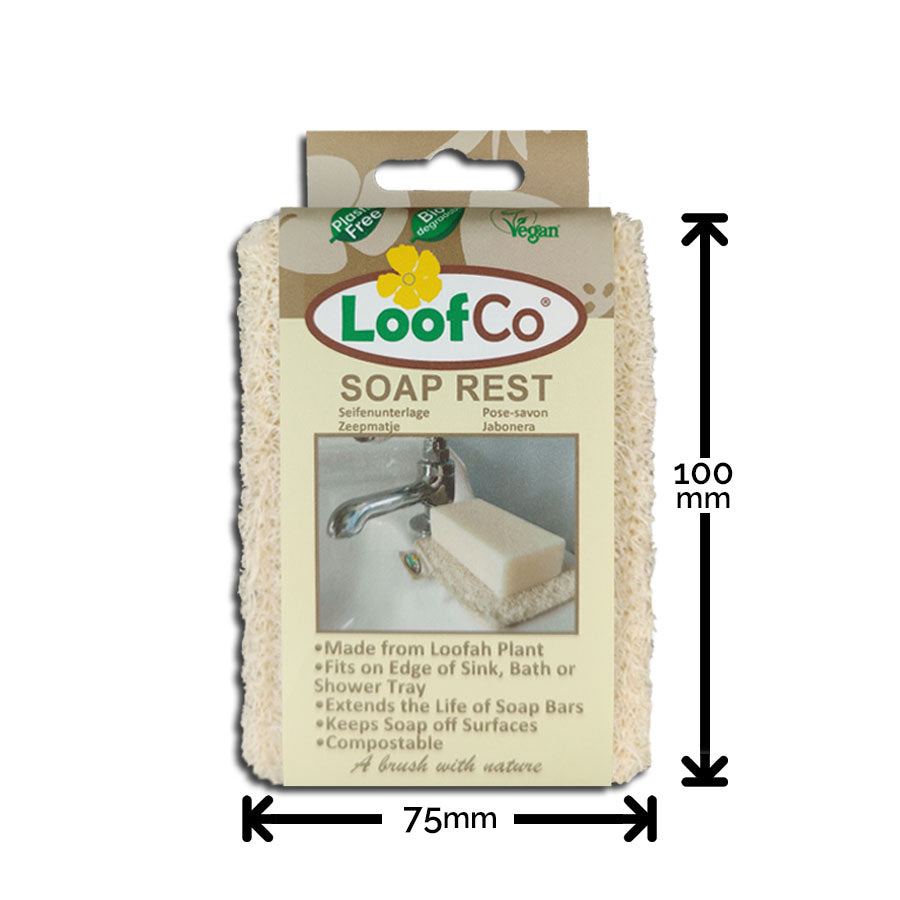 LoofCo Soap Rest in packaging on white background with measurements