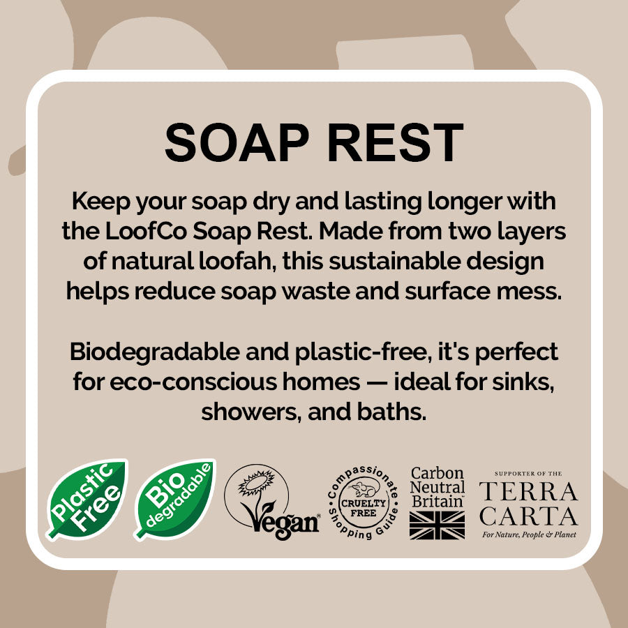 LoofCo Soap Rest visual of product description on beige background with eco logos