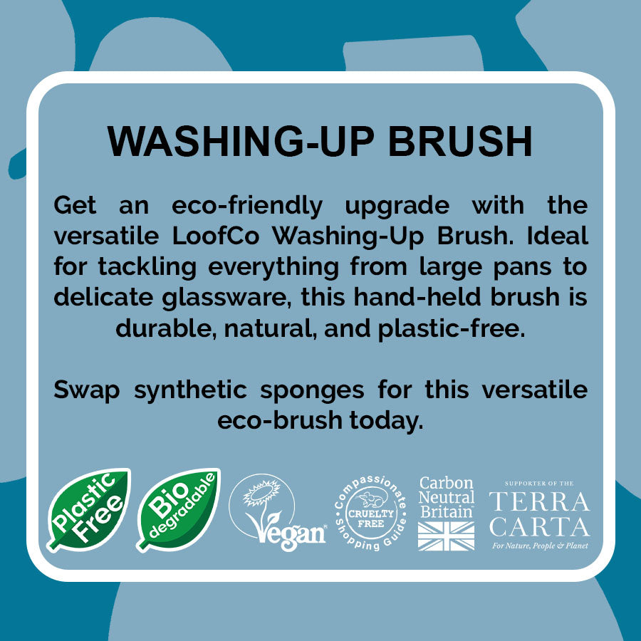  LoofCo Washing Up Brush visual of product description on blue background with eco logos