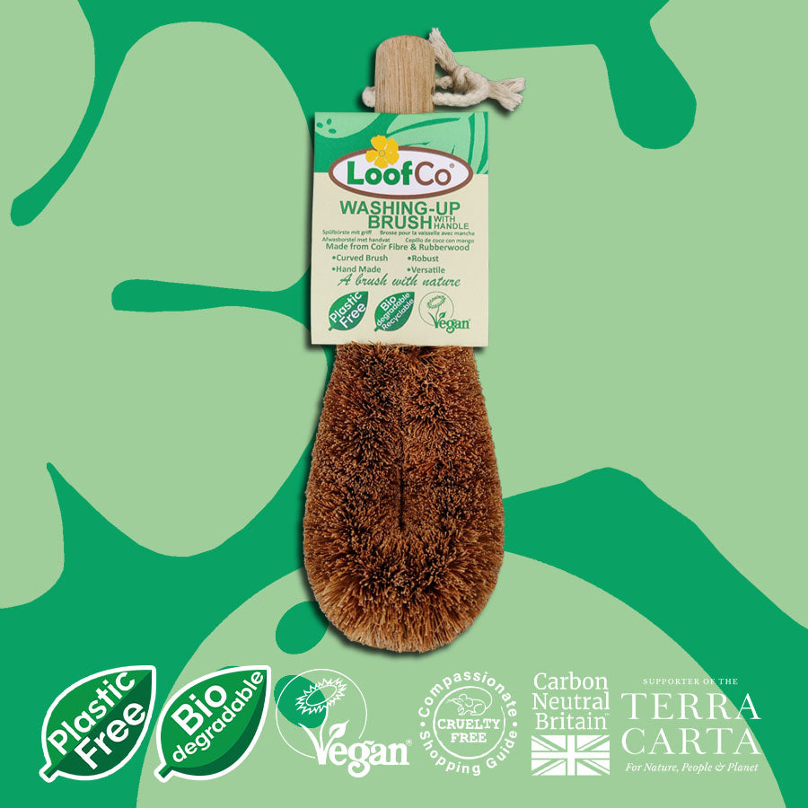  LoofCo Washing Up Brush with Handle in packaging on green background with sustainability logos