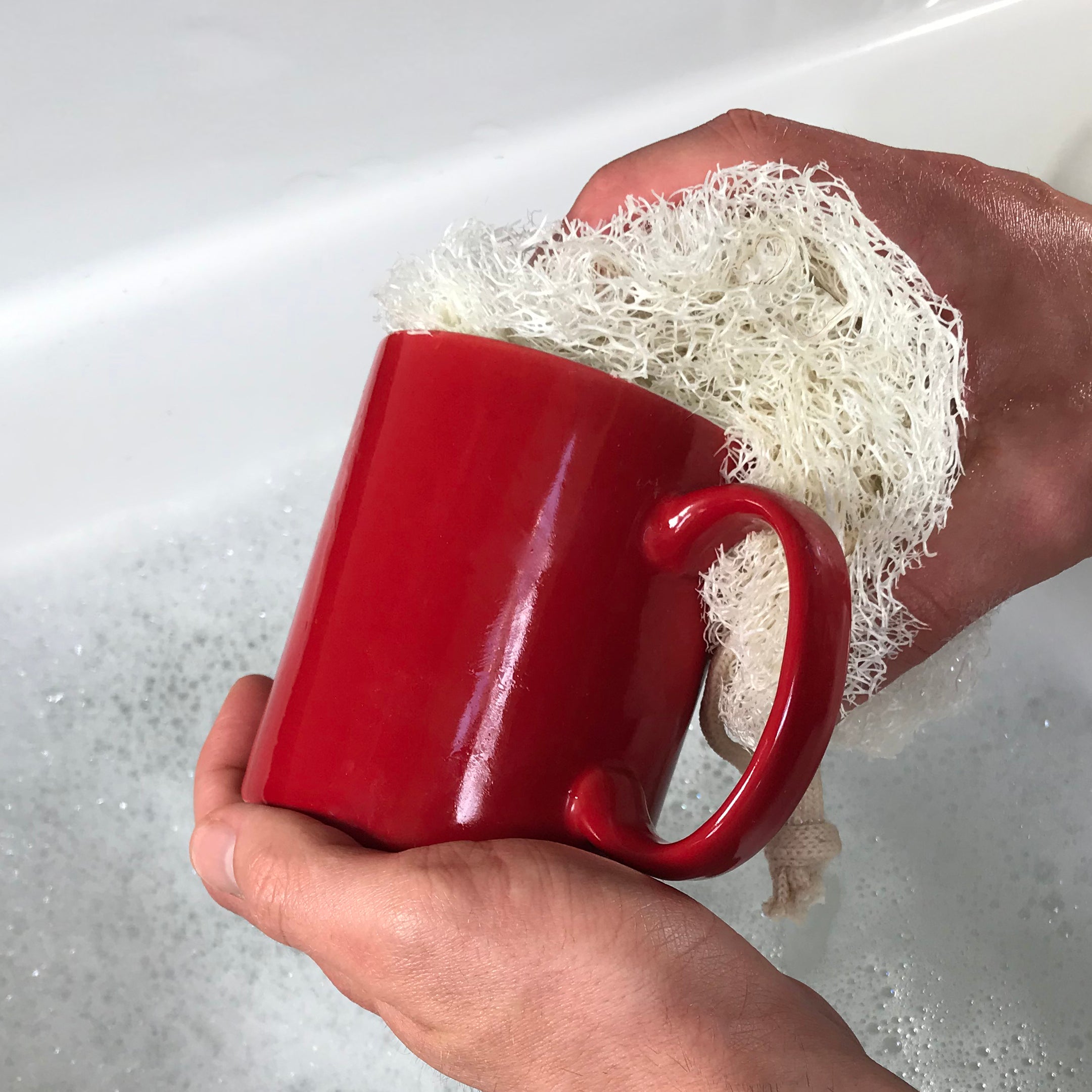 Red mug with a white sponge inside, held by a hand over a sink.
