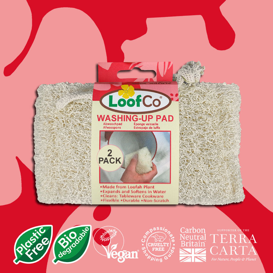 LoofCo Washing-Up Pad 2-Pack – eco-friendly loofah sponge for dishwashing, shown in packaging with sustainability icons
