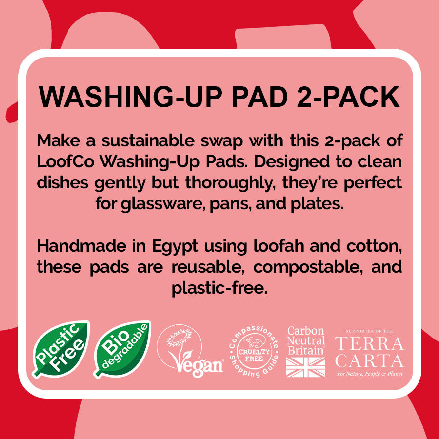 LoofCo Washing-Up Pad 2-Pack visual of product description on red background with eco logos