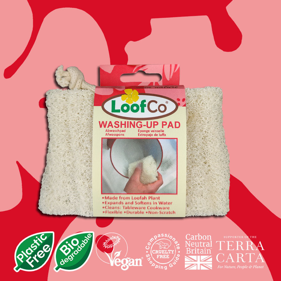 LoofCo Washing-Up Pad – biodegradable loofah washing-up sponge, in packaging on red background with sustainability icons
