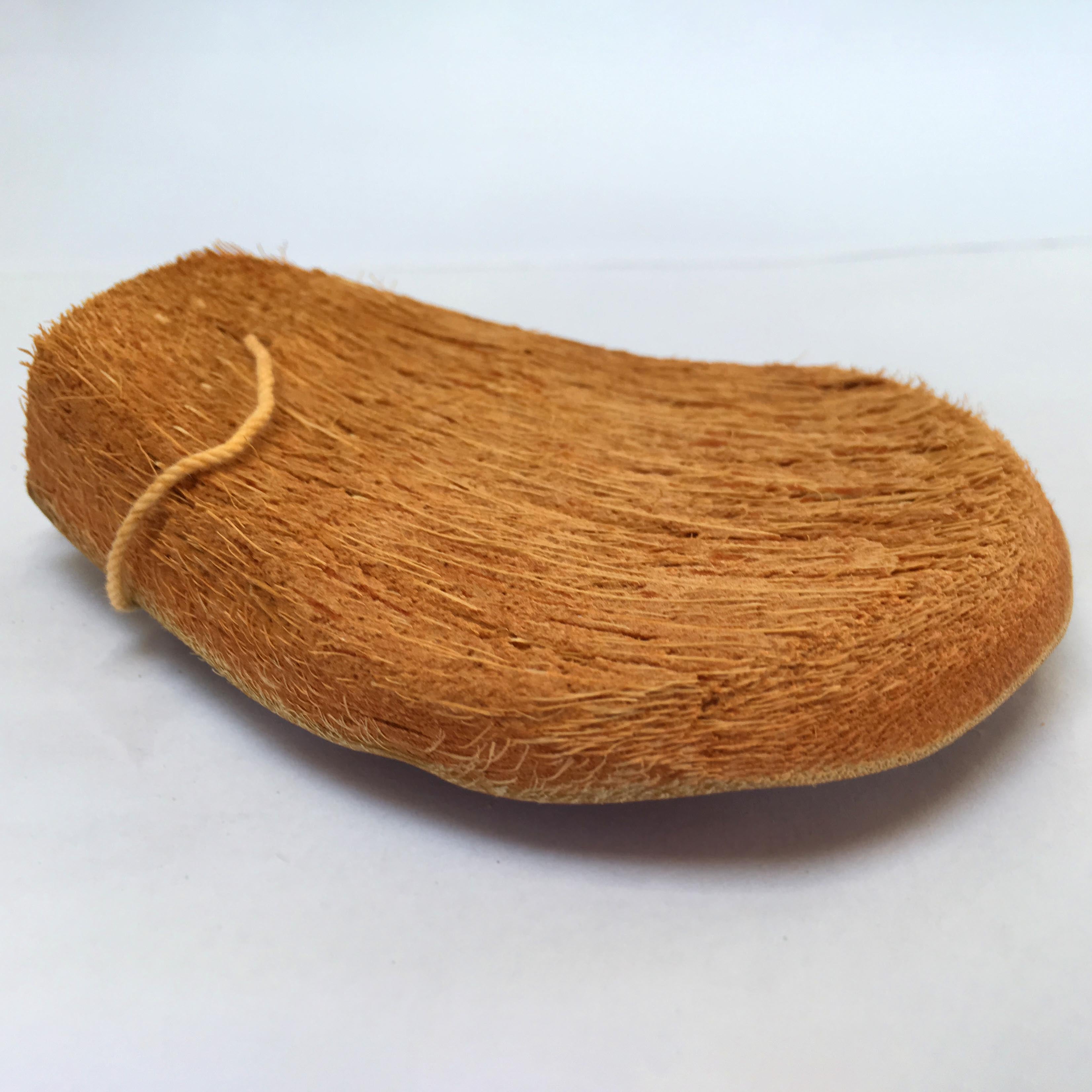 Brown lcocnut husk washing-up scraper on a white background