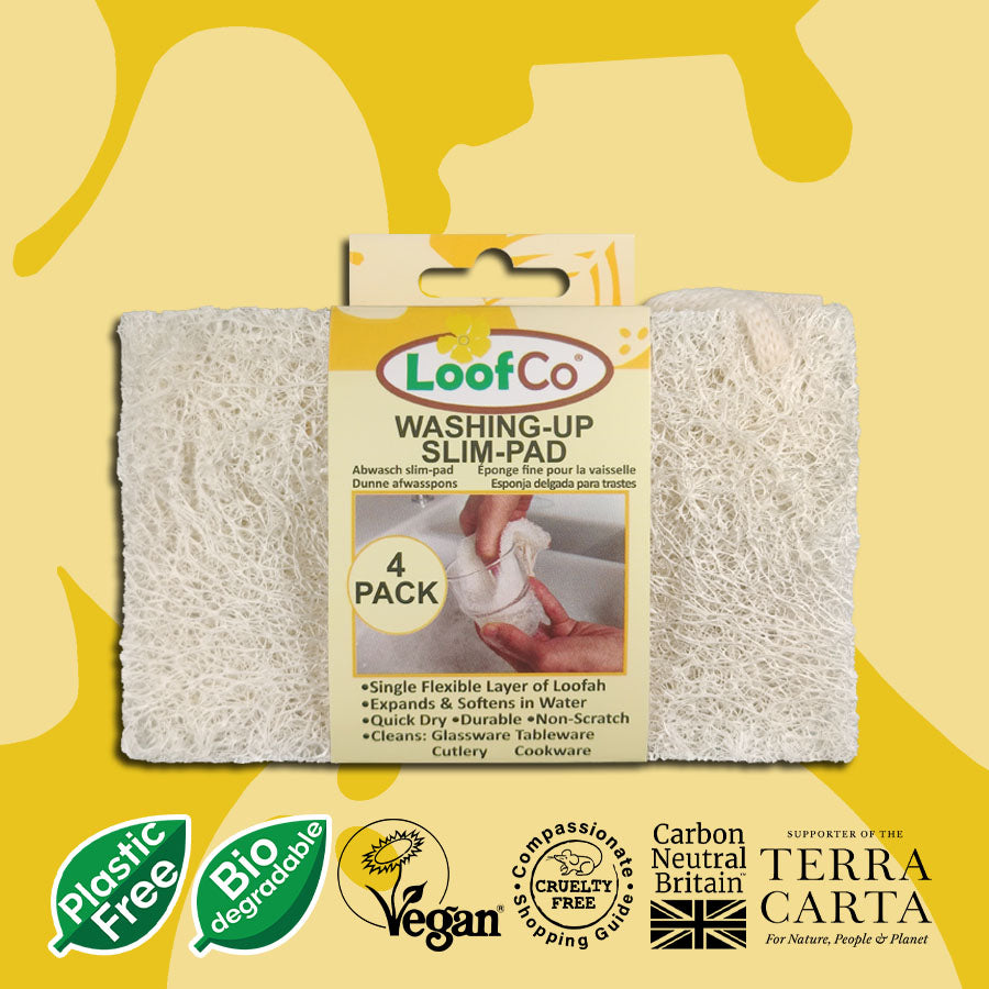 LoofCo Washing-Up Slim Pad 4-Pack in packaging on colourful yellow background with sustainability icons
