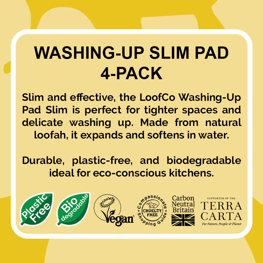 LoofCo Washing-Up Slim Pad 4-Pack visual of product description on yellow background with sustainability icons