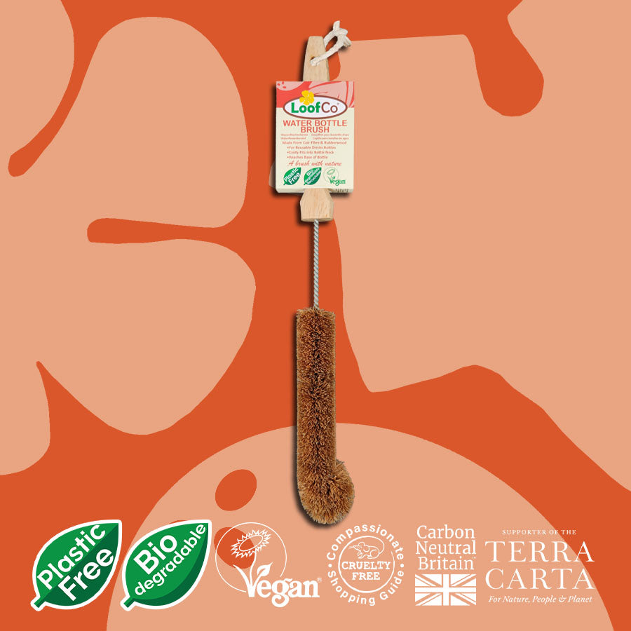 LoofCo Water Bottle Brush in packaging on orange background with sustainability logos