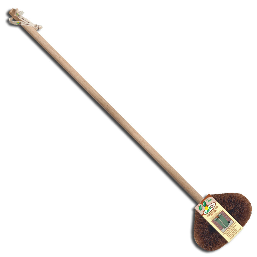 Long-handled LoofCo Wheelie Bin cleaning brush with a wooden handle and brown bristles on a white background