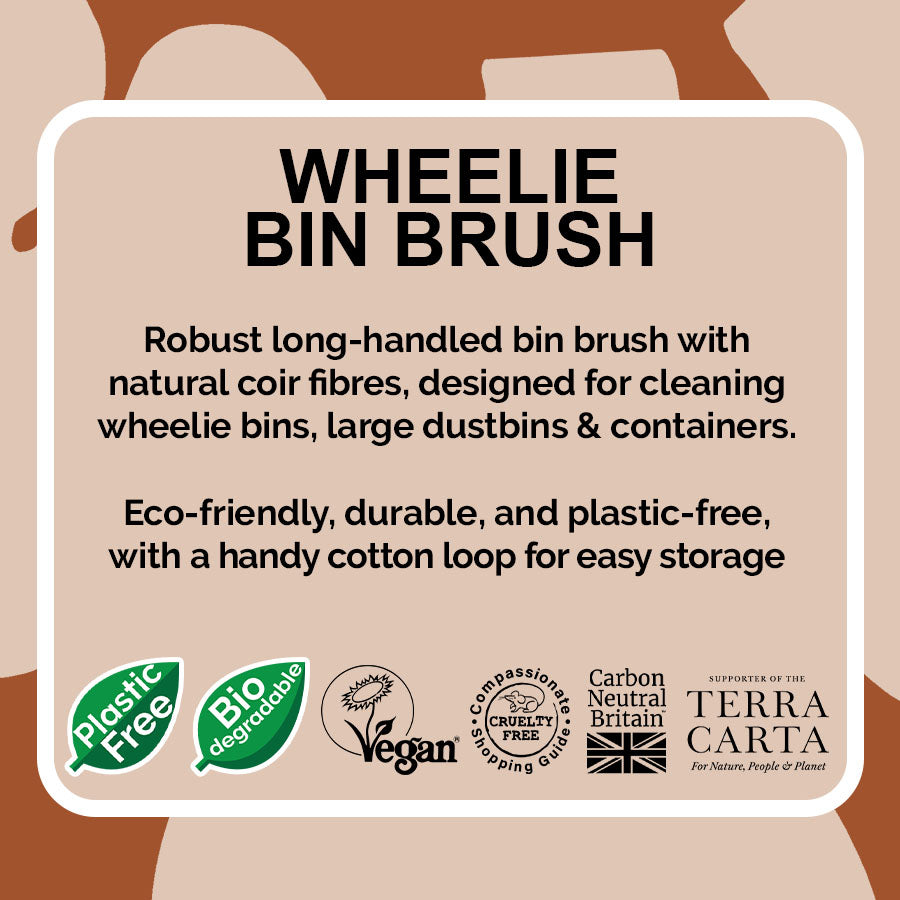 Wheelie bin brush description and certification logos on a brown background