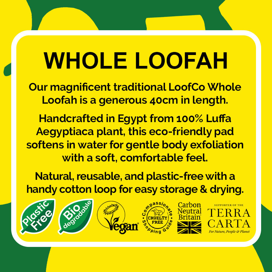 LoofCo Whole Loofah description and certification logos on a yellow background.