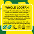 LoofCo Whole Loofah description and certification logos on a yellow background.