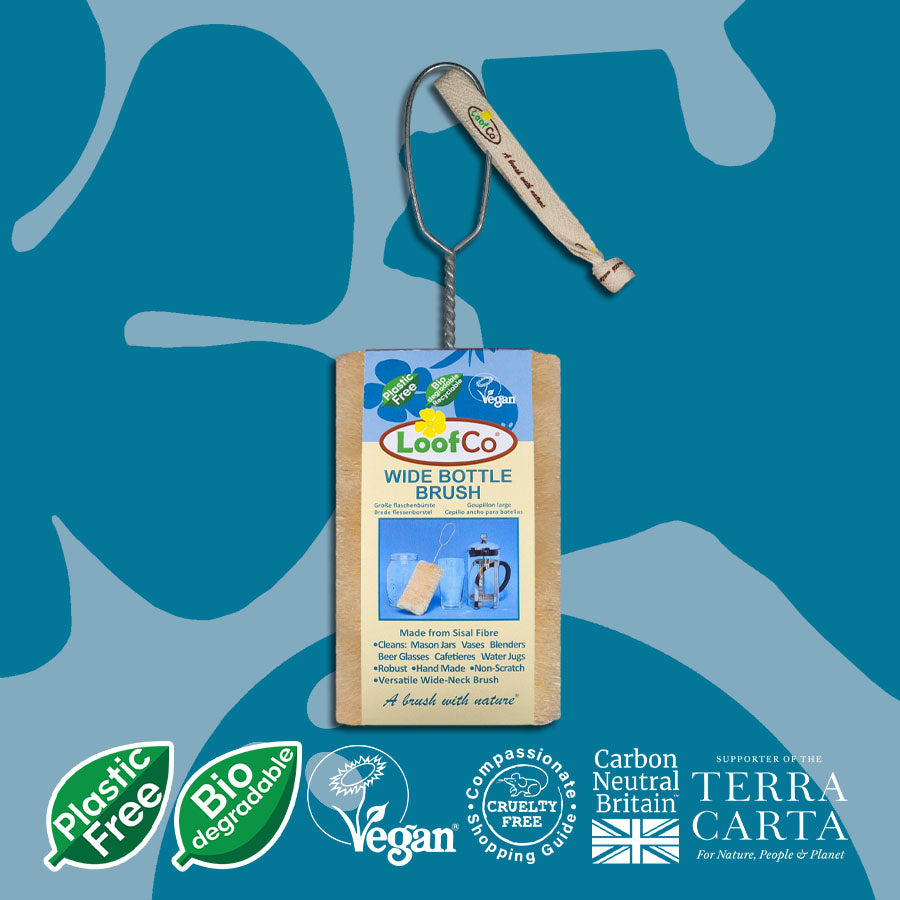LoofCo wide bottle brush packaging with branding and sustainability logos on a blue background