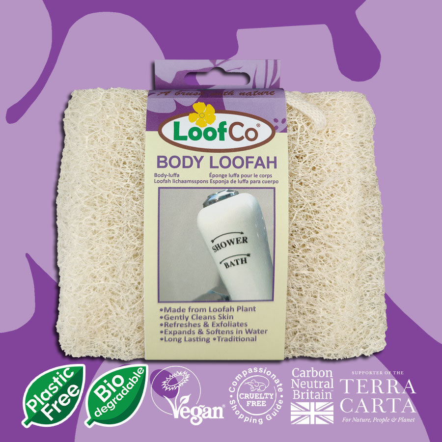 LoofCo Body Loofah in packaging on colourful purple background with sustainability icons