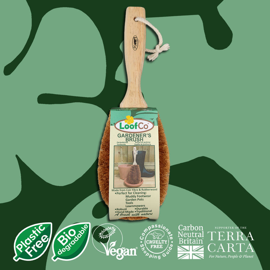 LoofCo Gardener's Brush in packaging on green background with sustainability icons