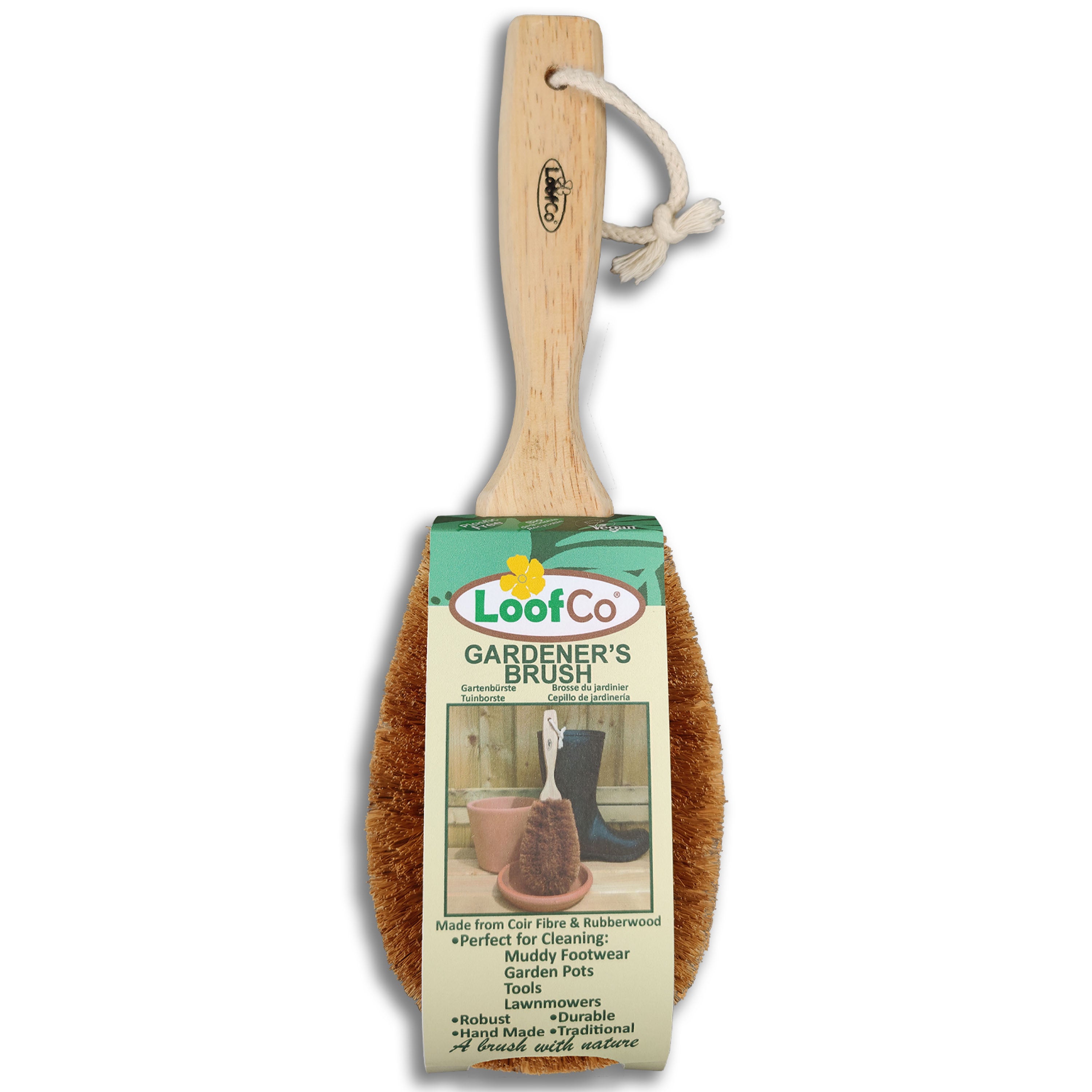 LoofCo Gardener's Brush in packaging on white background- robust coir brush with rubberwood handle for garden tool and pots cleaning