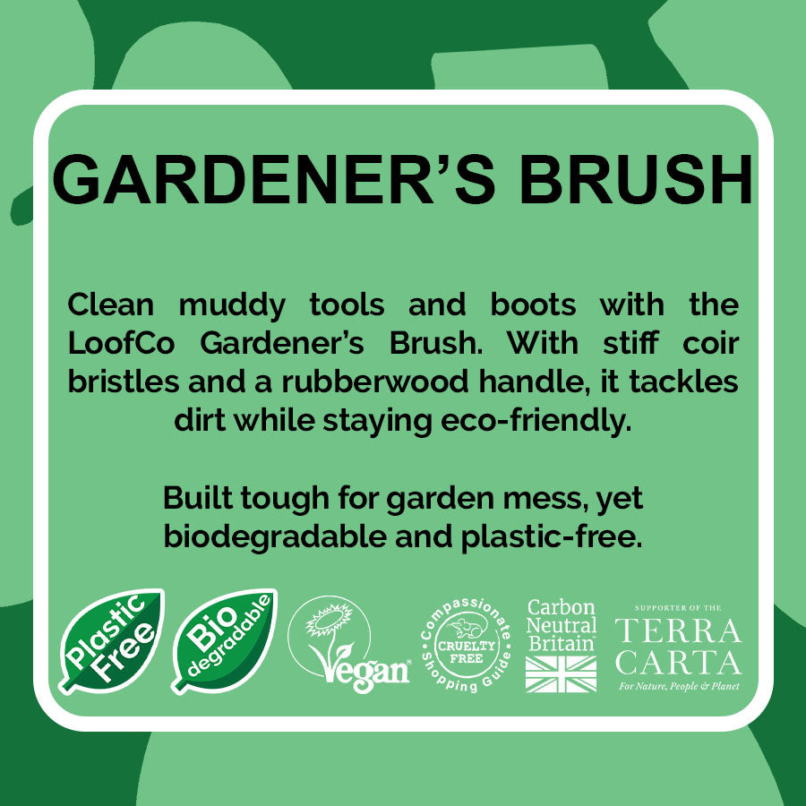 LoofCo Gardener's Brush visual of product description on green background