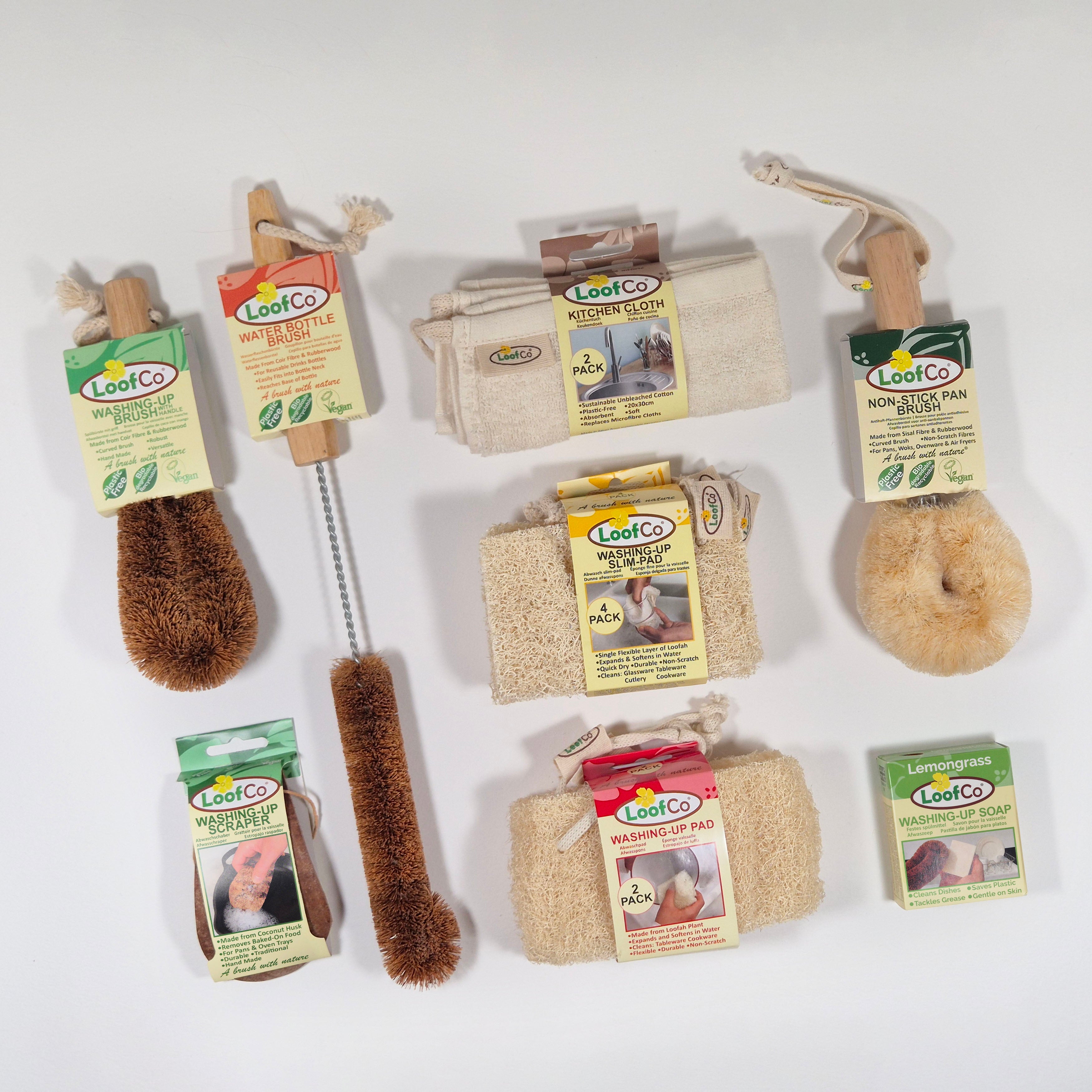 Set of 8 LoofCo washing-up and  kitchen cleaning products including sponges, scrubbers, and cloths on a white background.
