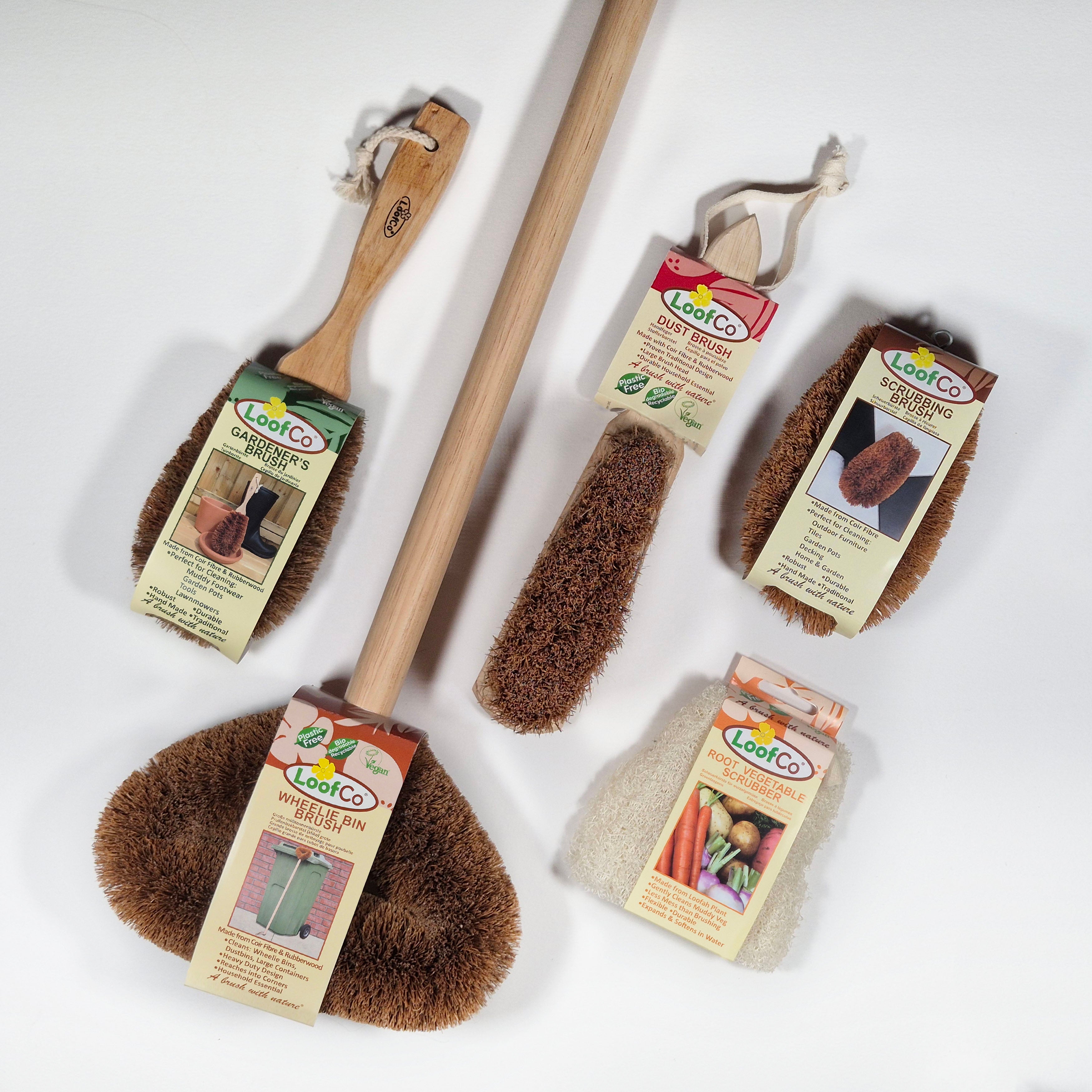 Set of LoofCo garden and outdoors brushes and scrubbers on a white background