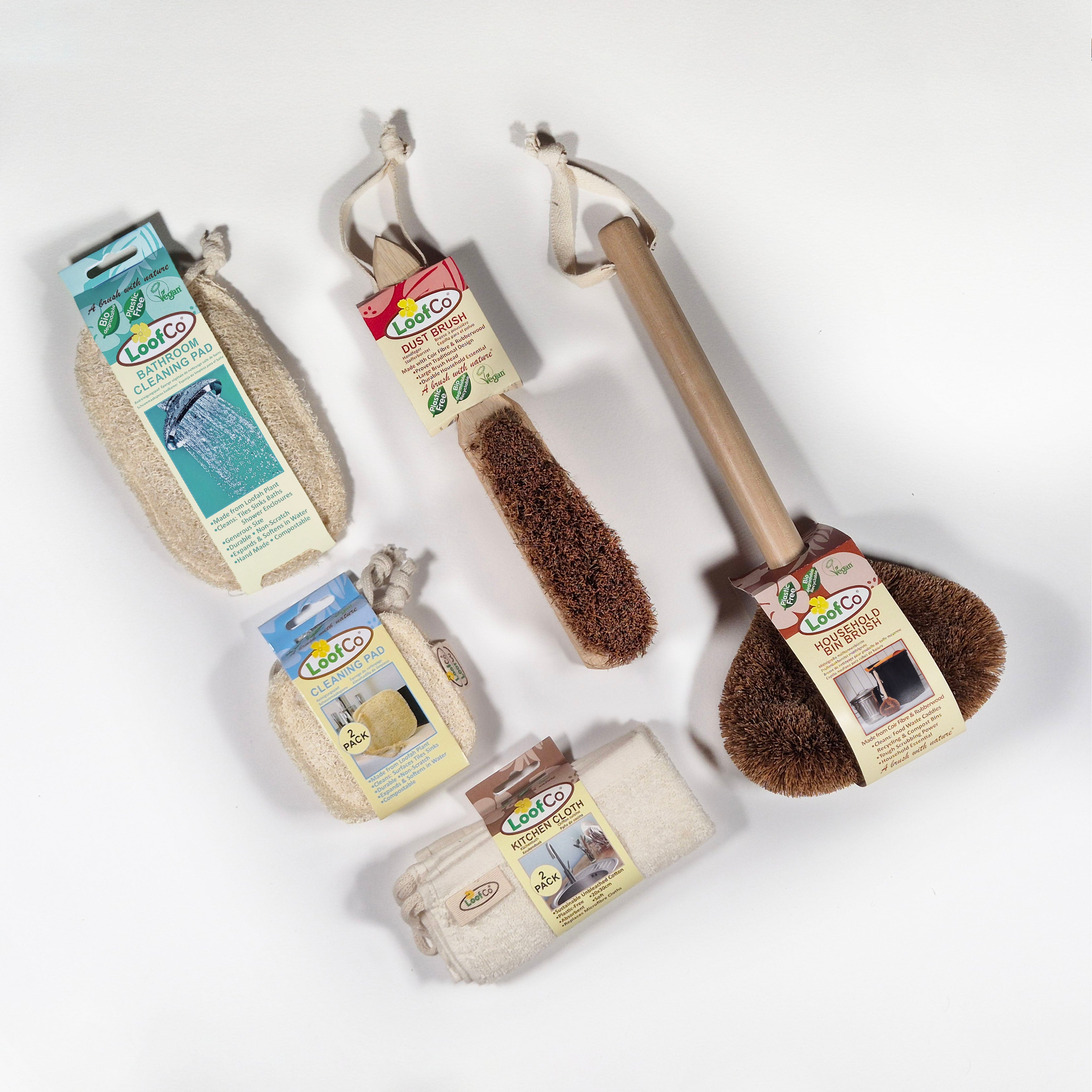 LoofCo bundle of Kitchen Cleaning brushes, pads and cloths with packaging on a white background