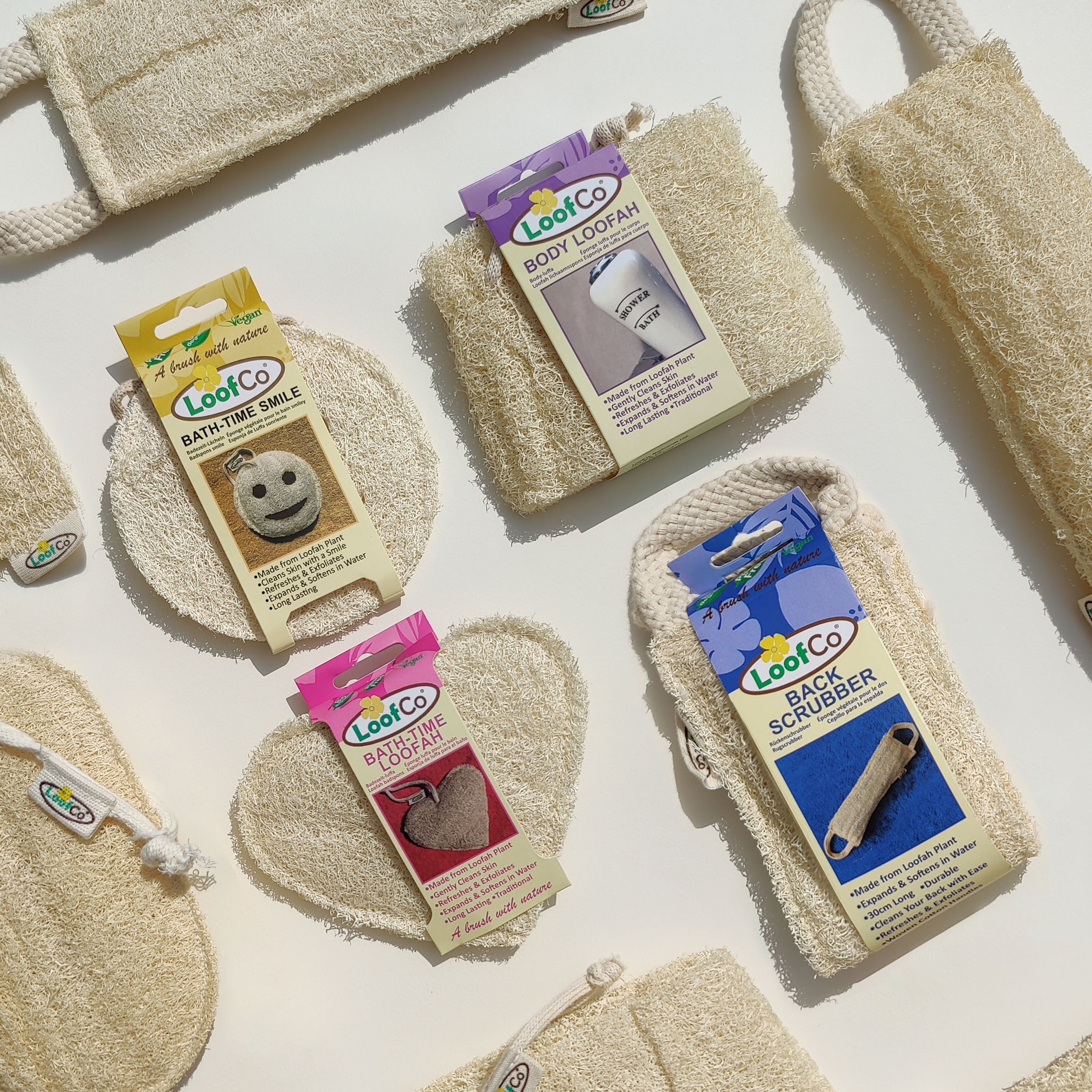 LoofCo body scrubbers and packaging on a light background