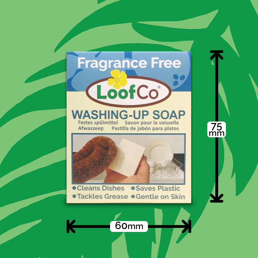 Image of LoofCo Fragrance Free Washing-Up Soap Bar 100g back of packaging box 