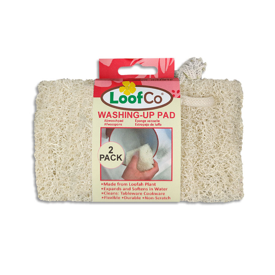 LoofCo Washing-Up Pad 2-Pack in packaging on white background– natural loofah sponge for plastic-free washing-up