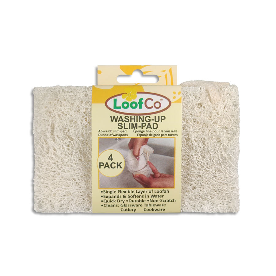 LoofCo Washing-Up Slim Pad 4-Pack in packaging on white background - 4 natural slim washing-up loofah pads for non-scratch kitchen cleaning